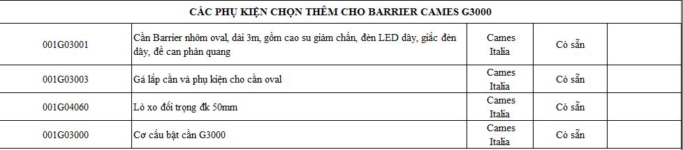 phụ kiện Barrier Cames G3000
